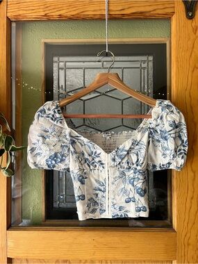 Reformation Blue Floral Puff-Sleeve Crop Top